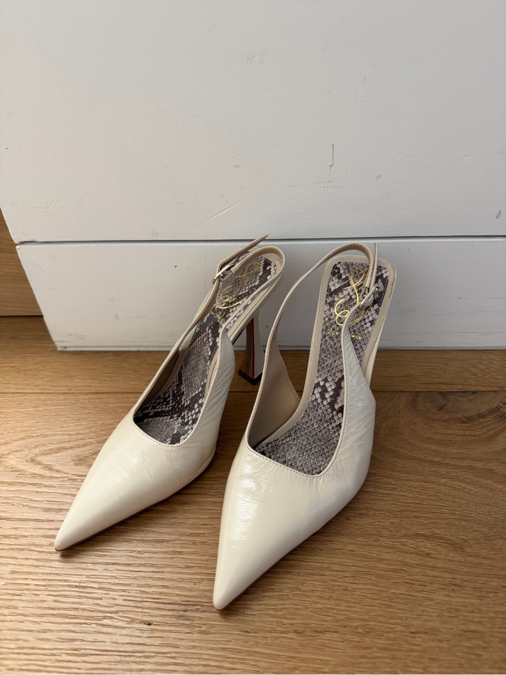 Sam Edelman Cream Pointed Slingback Heels with Snakeskin Insole